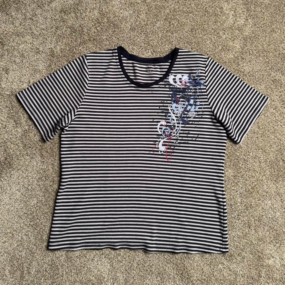 BLUE STRIPED Y2K STYLE RHINESTONE TEE